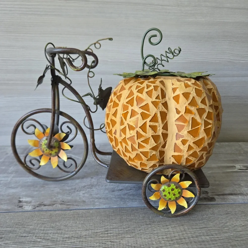 Autumn Mosaic Glass Pumpkin Tealight Holder on Metal Sunflower Tricycle Stand